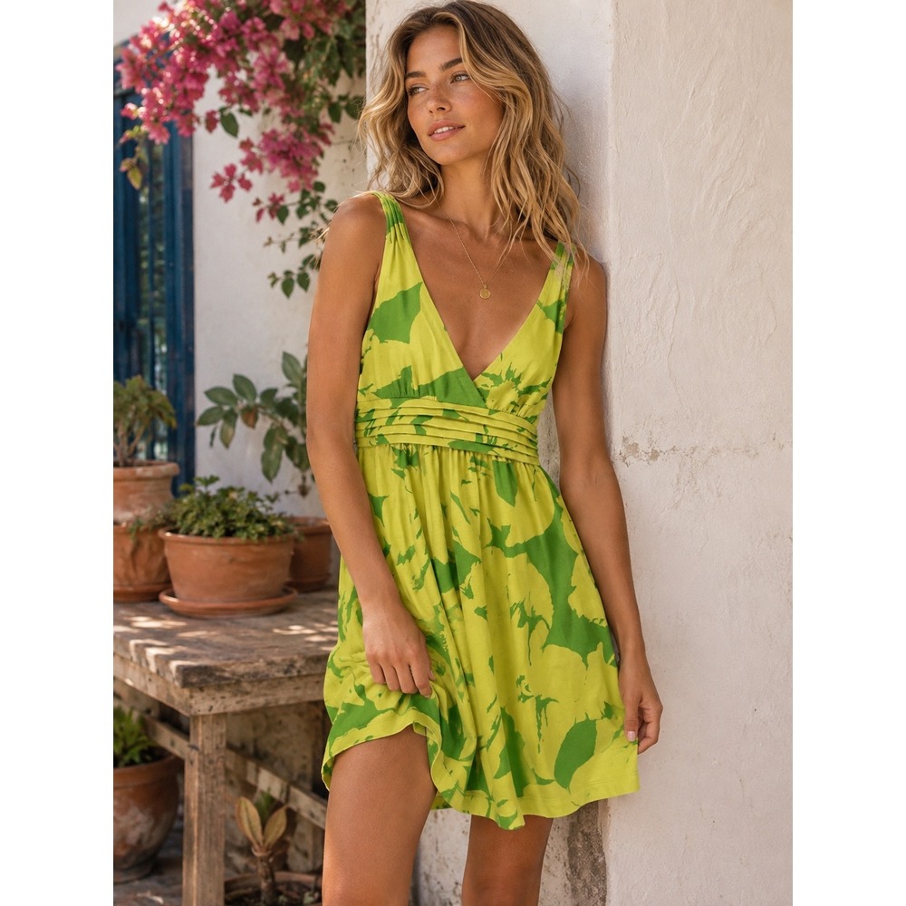 American Eagle Outfitters Floral Empire Waist Dress S/M Yellow Green Y2K Boho